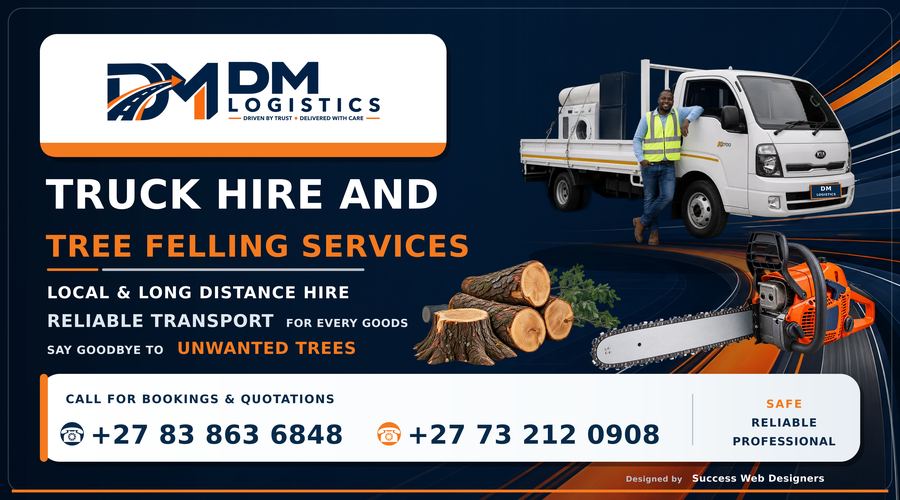 DM Logistics business card with transport and tree felling services